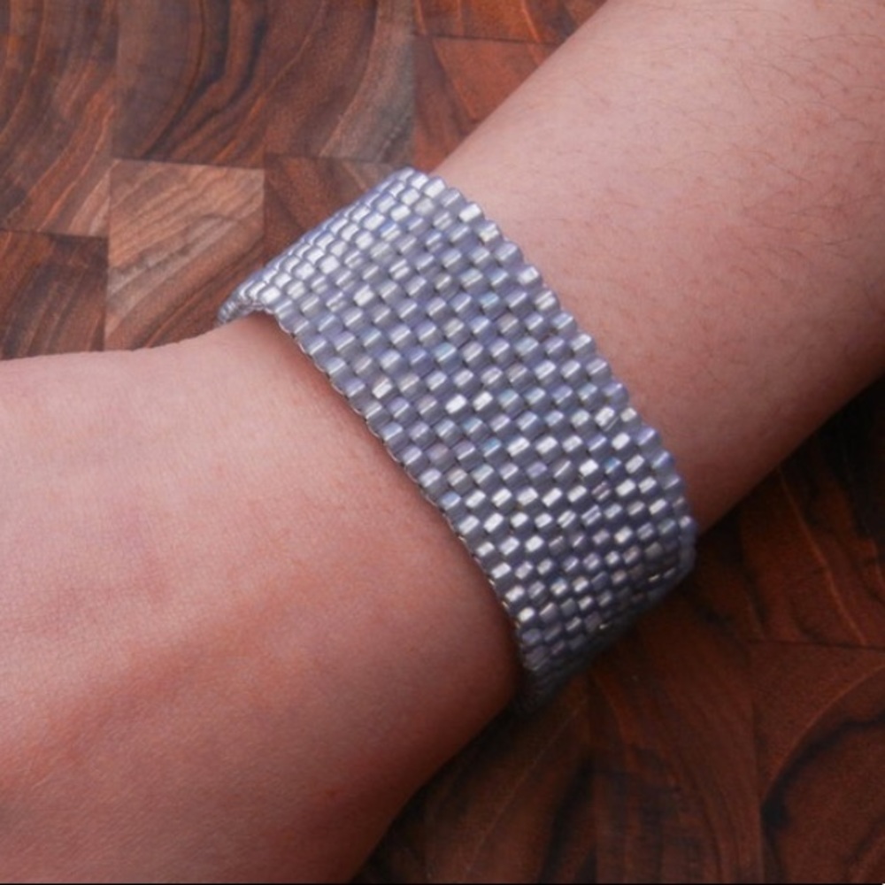 Ice Blue Iridescent Beaded Cuff Bracelet | Handmade Custom | Jaded Vine Design - Picture 1 of 6